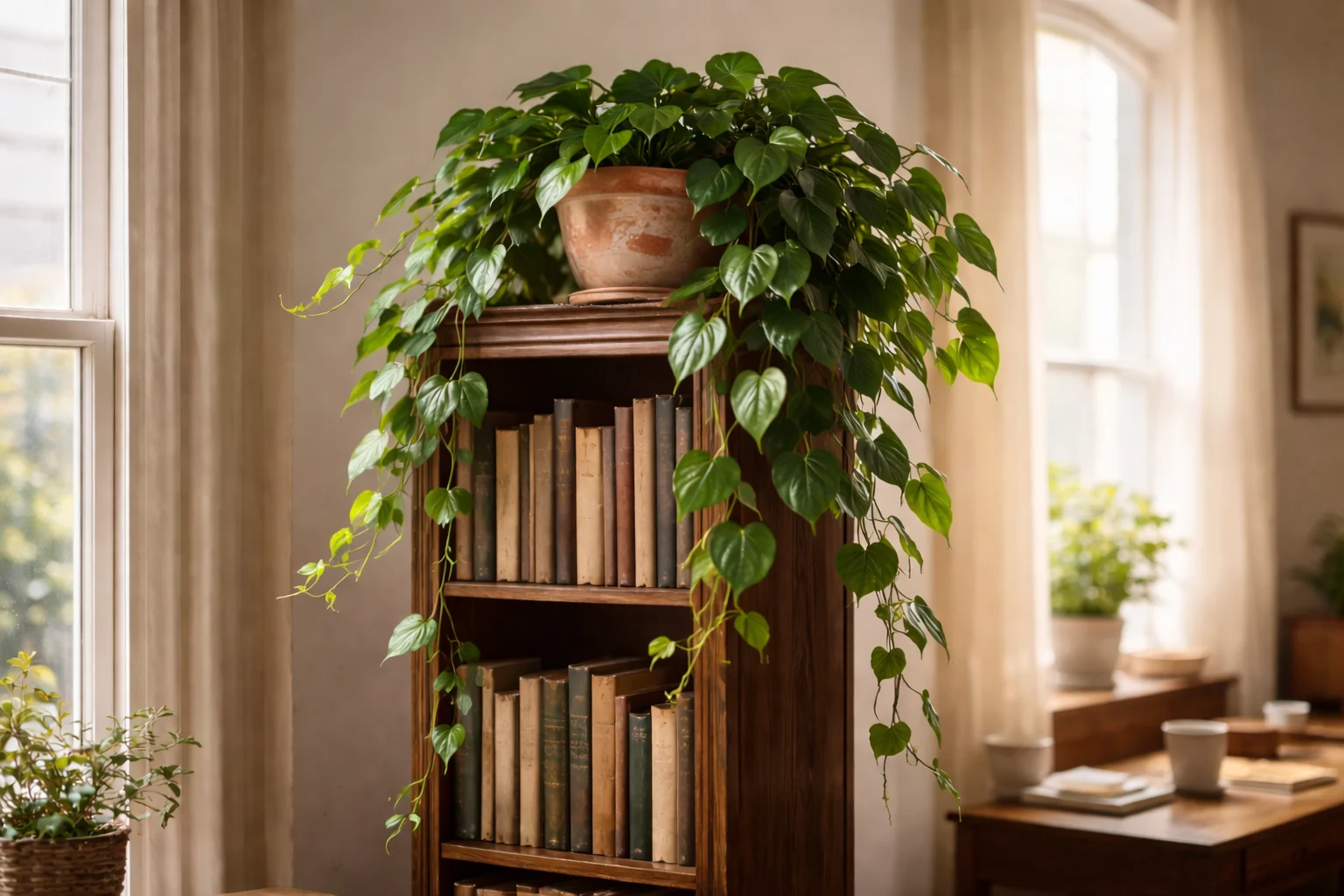 Trailing heartleaf philodendron in a terracotta pot on a bookshelf