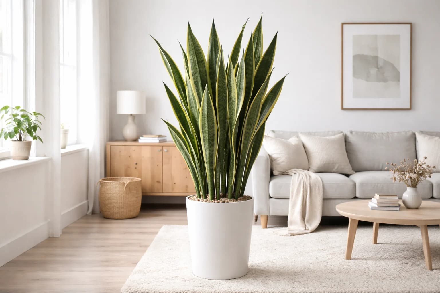 Tall snake plant with dark green and yellow variegated leaves