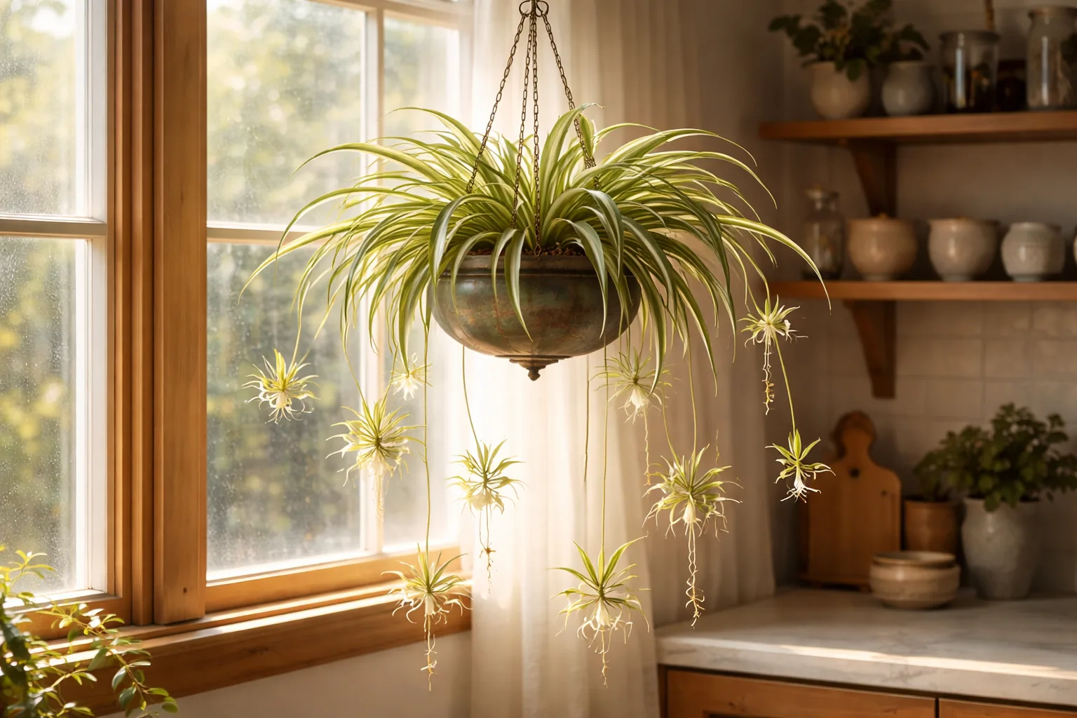 Spider plant with variegated leaves and baby plantlets